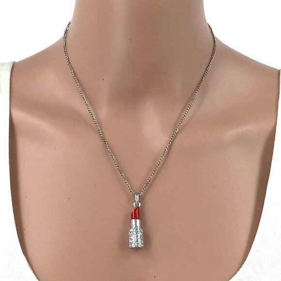 Red Lipstick Pendant Necklace Silver Tone Rhinestone Inlay 18 Inch Length - Picture 1 of 2